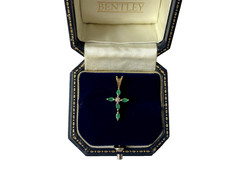 Emerald and Diamond Cross Pendant 9ct Gold Diamond Emerald Cross Vintage Pendant