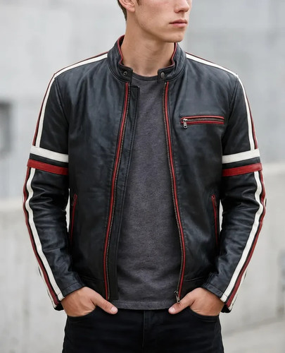 Black leather jacket - black, men