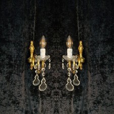Lovely Pair of Vintage French Leaf Brass Crystal 1 Arm Wall Lights Sconces