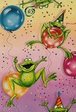 1981 PAPER MOON GRAPHICS 'BIRTHDAY FROGS' JUMPING FROGS BALLOONS & PARTY HATS