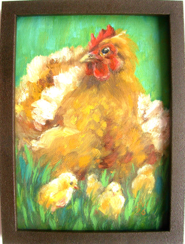 Chicken with chicks - , framed