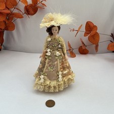 1:12 Scale Victorian Lady Doll in Gold Lace Dress & Hat – Dollhouse Miniature