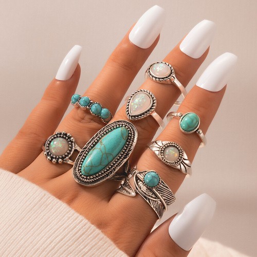8pcs turquoise rings set for - turquoise,