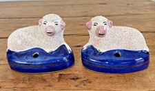 Pair of Vintage Staffordshire Style Pottery Sheep/Lambs Inkwell Pen Stand