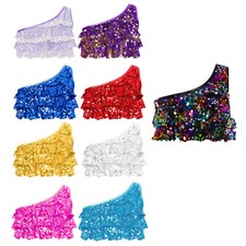 UK Girls Tank Tops Tiered Ruffles Shiny Sequins Tops Metallic Crop Top Stretch