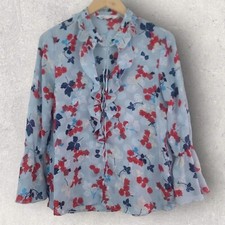 ZARA Womens Sky Blue Red Floral Long Sleeve Ruffle Summer Top, Blouse UK 10