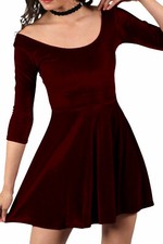 Velvet Luxurious Party Dress Flared Hem Swing Stretch Dress Rich Red Wine Colour