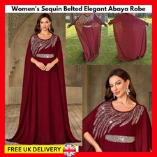Women's Elegant Burgundy Maxi Abaya Dress Crystal Embellishment Dubai Party Gown