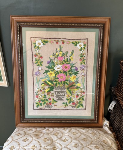 Large framed vintage crewel