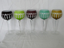 5 Unusual  Harlequin Hock Wine Glasses Wheel Cuts To Bases