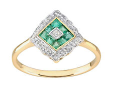 9ct Yellow Gold Emerald & Diamond Ring sizes J to S - ART DECO Design