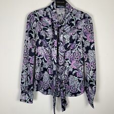 Hawes & Curtis Shiny Satin Pussy Bow Blouse Size 10 Secretary Tie Neck Floral