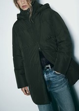 ZARA WATER AND WIND PROTECTION LONG HOODED  PUFFER JACKET COAT. KHAKI XS