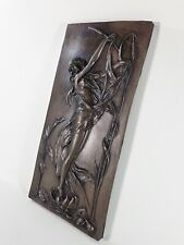 Art Nouveau Style Bronzed Resin Plaque,Female Figure Beside Bull Rushes, Lillies