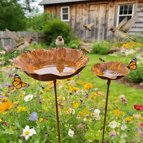 Rust flower shape bird bath - flower,
