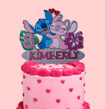 Stitch & Angel Custom Cake Topper Name & Age glitter  mirror card, Birthday