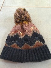 Zara Accessories Bobble Hat ~ Brown & Gold Sequin Embellishments 42cm (@Age 12)