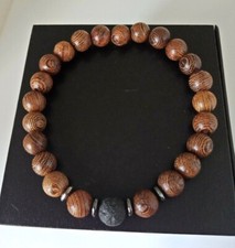8mm Wooden With Natural Lava Stone Beads Stretchy Men's Bracelet UK Seller