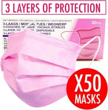 50x Pink Disposable Face Masks
