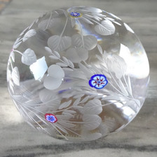 Saint Louis Crystal France Botticelli Millefiori Etched Floral Paperweight 1990