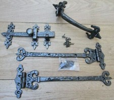PAIR OF CORONET  cast iron rustic door t tee hinges + cottage latch old English 