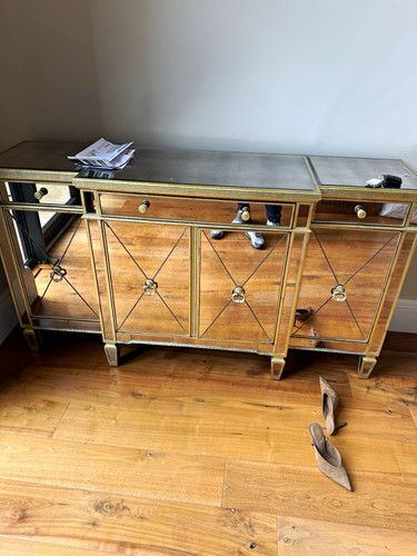 Gold mirrored glass sideboard - glass,