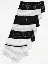 Girls Slogan Star Short Knickers Black White 7 Pack Ages 5-16 Years