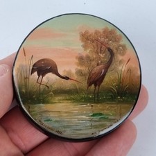 Signed Russian Lacquer Ware Circular Box 2 Birds In Wetlands 1988