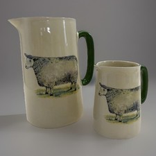 Two Heron Cross Pottery Graduated Jugs Pitchers Farmyard Sheep Design 7” & 4.5”