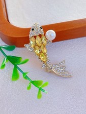 Sparkly Lucky Koi Fish Brooch Pin Gold Tone Rhinestone Pearl Jewelry Gift Unisex