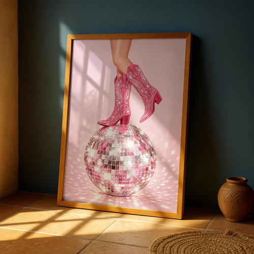 Pink cowboy boots disco ball - cowboy,