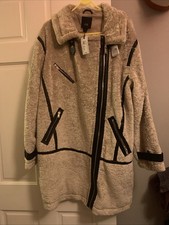 River Island Cream Fur Coat Faux Leather Trim Zip Pockets Sz 12 BNWT RRP£100