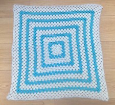 Vintage Hand Knitted Lemon Yellow Blue Geometric Wool Throw Granny Blanket 68sq