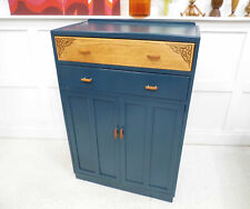 Vintage Utility 1950s Painted Hague Blue Oak Tallboy storage cupboard