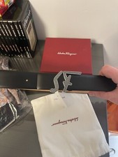 Salvatore Ferragamo SF Swarovski Crystal Silver Diamond Buckle Black Belt Rare!