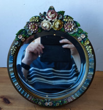 Barbola? 1930s Round Easel Mirror Decorated with Raised Flowers/Foliage -29x24cm