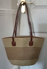 Beige Brown Straw Tote Bag Zip