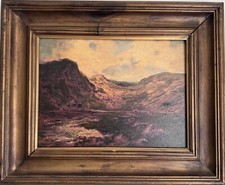 Antique large oil painting on board  Highlands Cattles  landscape sunset framed