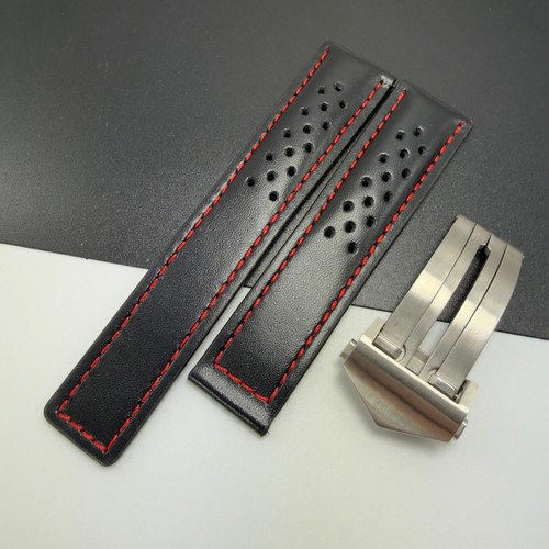 Black red leather watch strap - black,