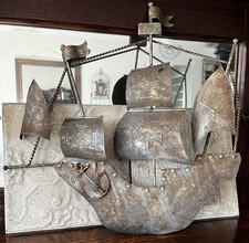 Vtg Tin Metal Art Ship Sail
