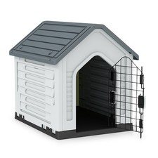 Puppy Cage Kennel Plastic Dog House with Metal Lockable Door-Grey