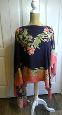 ETRO PLACED PRINT ASYMETRICAL SILK FLORAL PONCHO NAVY ROSE GREEN EUC