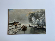 Dutch Artwork "Winter RIver" Classic Art Piece Signed Boat on Panel Oil Painting