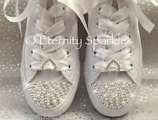 Customised/Personalised Mono White Converse Pearl Crystal Sparkle Wedding Bridal