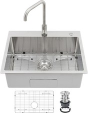 Single Bowl Sink 24"x18"Drop in Top Mount with Hot Cold Water Faucet 16 Gauge