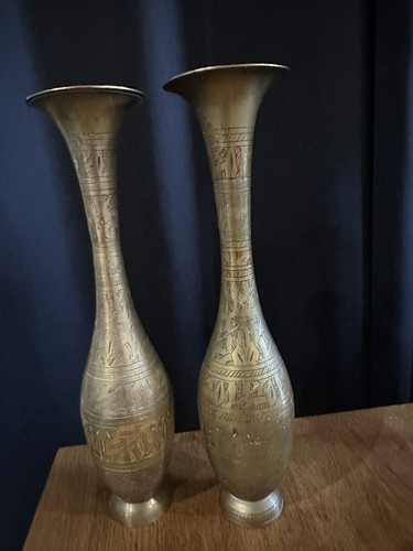 Pair vtg etched brass vase - vtg,