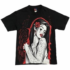 Ogabel Og Abel Mens Black T-Shirt Red Graphic Roses Tattoo SMALL