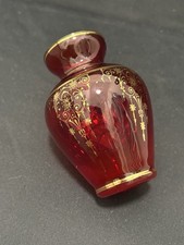 Murano Venetian Red Glass Vase with Gold Floral Design Small Vintage UV Glow