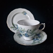 Vintage Crown Royal Bone China Trio (Tea Cup, Saucer, Cake Plate" Blue Flowers"
