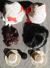5 Dolls Hats Brimmed Stove Pipe Bonnets Wigging Material and a Wig
